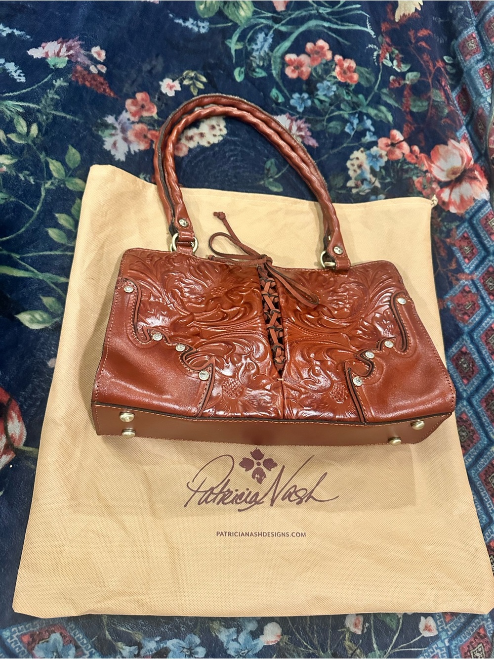 Patricia Nash Cognac Tooled Leather Shoulder Bag with Braided Handles